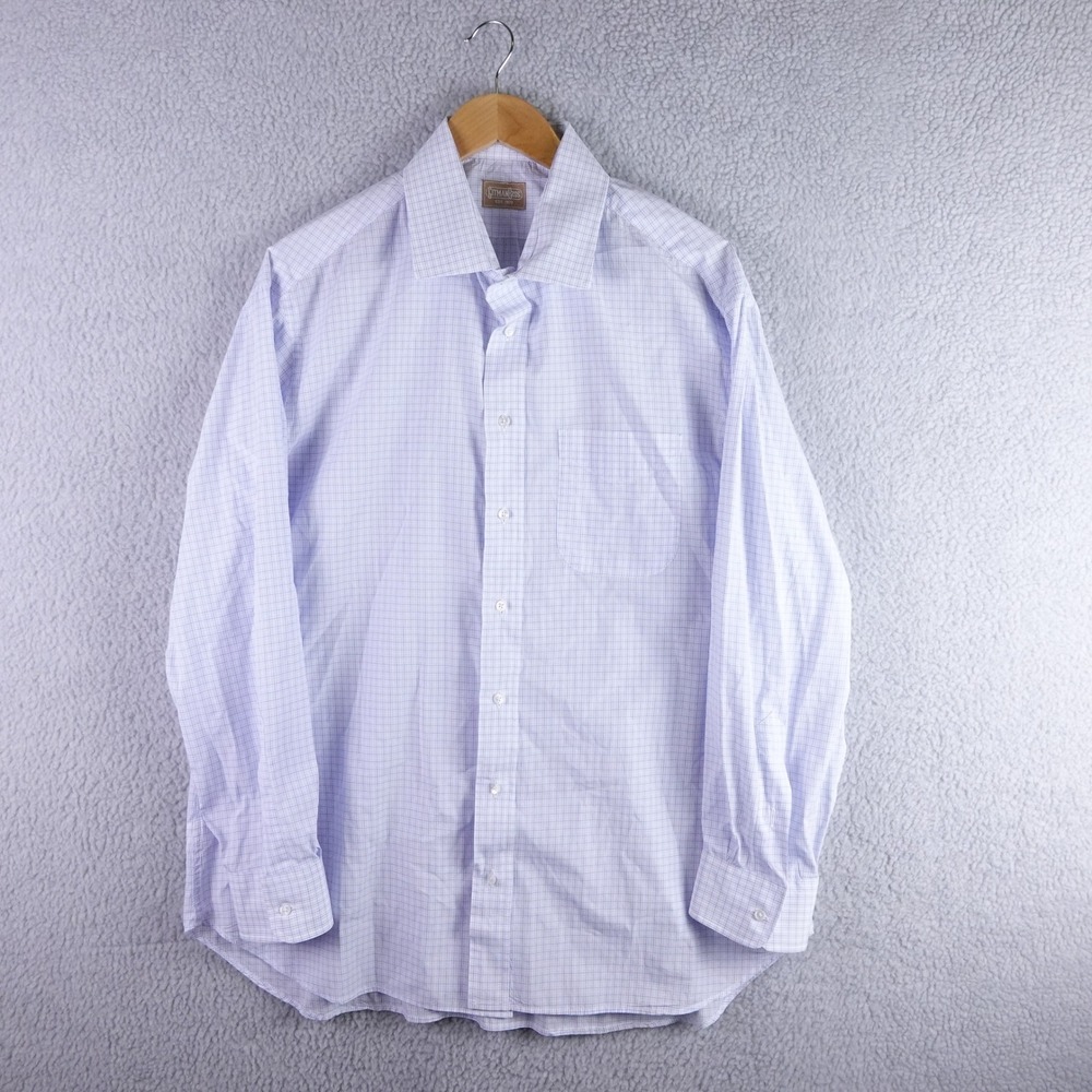 Gitman Bros Mens 18 34 Blue White Windowpane‎ Check Cotton Dress Shirt Made USA